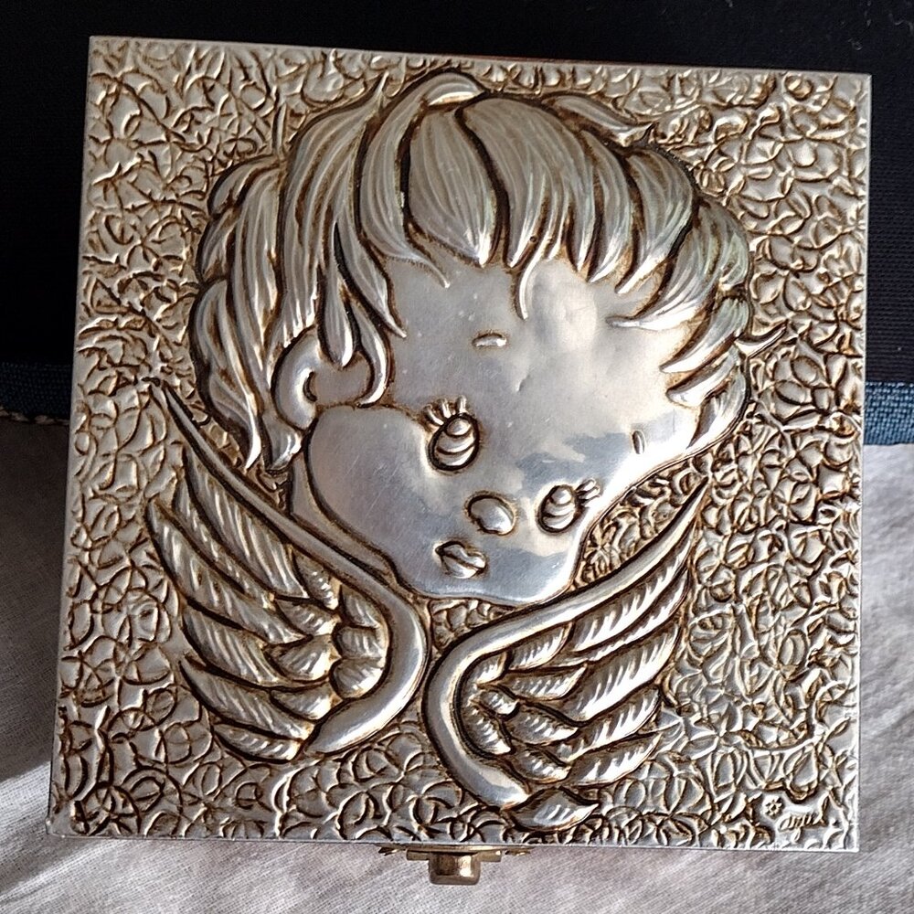 Embossed Metal Cherub Angel Wooden Jewelry Box NWOT